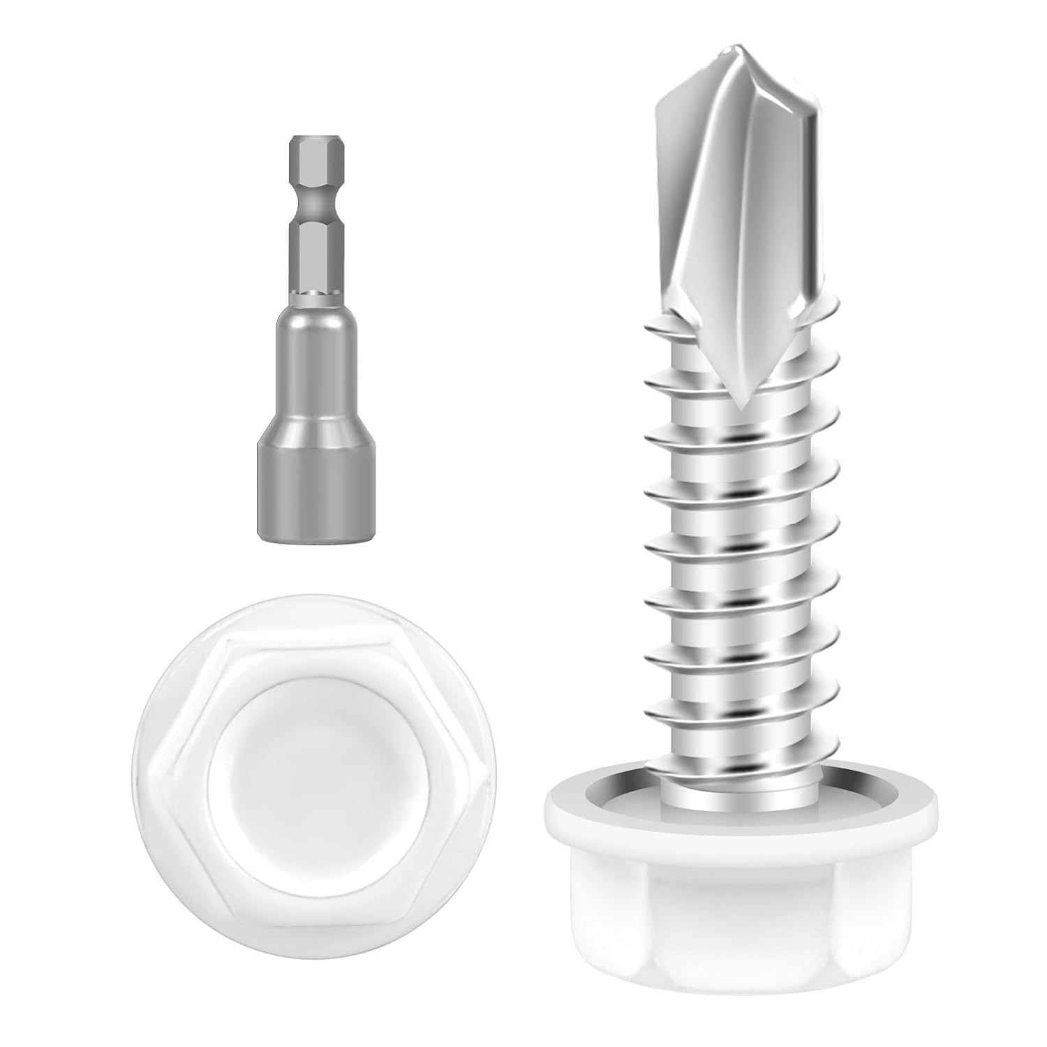 8 x 34 100 PCS White Head Sheet Metal Screws, Hex Washer Head Self Drilling Screw, Flanged Hex Fast Self Tapping Screws, Carbon Steel, Full Thread, Hex Bit Socket Included