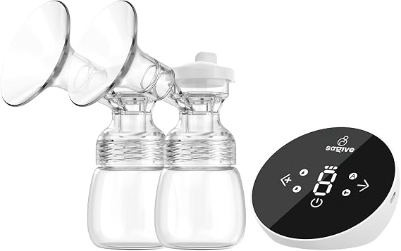 Saglve Breast Pumps,Double Electric Breast Pump Portable 4 Modes & 9 Levels | 320mmHg Strong Suction,10 Breastmilk Storage Bags,2 Size Flanges,LED Display,Rechargeable Portable Pump Breastfeeding