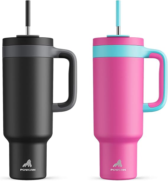 POWCAN 50 oz Tumbler with Handle 2 Pack, 2-in-1 Straw & Sip Lid, Leakproof, Dishwasher Safe, Insulated Stainless Steel Coffee Mug, Keeps Cold for 34 Hours, Fits in Car Cup Holder(Might & Barbie)