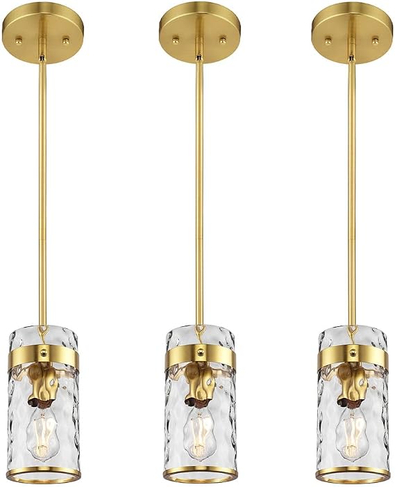 AUTELO 3 Pack Gold Pendant Light Sets, Island Pendant Lights for Kitchen with Hammered Glass, Modern Hanging Lamp with Adjustable Rods for Dining Room Bedroom Kitchen Sink, H-2529 HMBG, H-2529 HMBG2PK