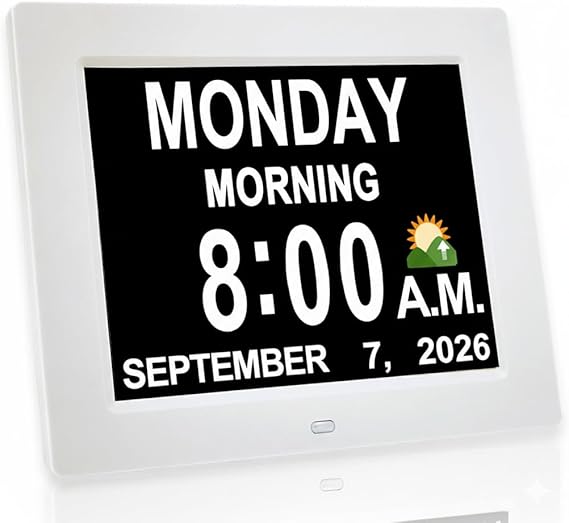 JALL 8" Large Digital Calendar Day Clock for Seniors 2026 - Easy to Read Alzheimer's Dementia Memory Loss Clock for Elderly with IPS Wide Angle,Day & Date, 12 Custom Alarms & Auto-Dimming, White