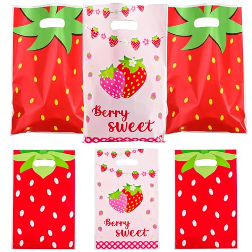 Zi Lan 30pcs Strawberry Party Favors Bag, Pink Strawberry Goody Treat Gifts Bags Berry Themed Favor Decorations Supplies for Girls