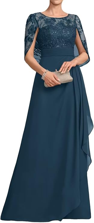 Chiffon Mother of The Bride Dress Long A-Line with Lace Cape Sleeve Mother of The Groom Dresses for Wedding