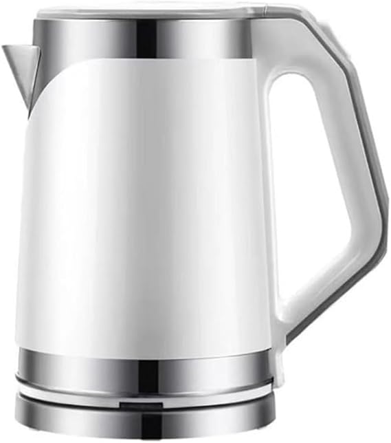 Electric Kettle, 2.0L Stainless Steel Double-Wall, White with Chrome Accents, Anti-Scald Design, Fast Boiling, Auto Shut-Off, 9.5x5.9 Inch