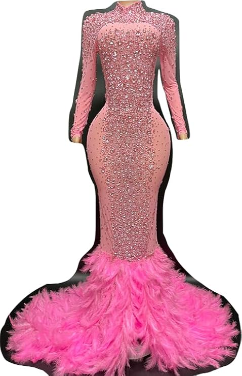 GR-42 Women's Pink Dresses with Shiny Bling Diamonds Rhinestones and Real Ostrich Feather Trim Hem Long Sleeve Sexy Dress (US, Alpha, Large, Regular, Regular, Pink)