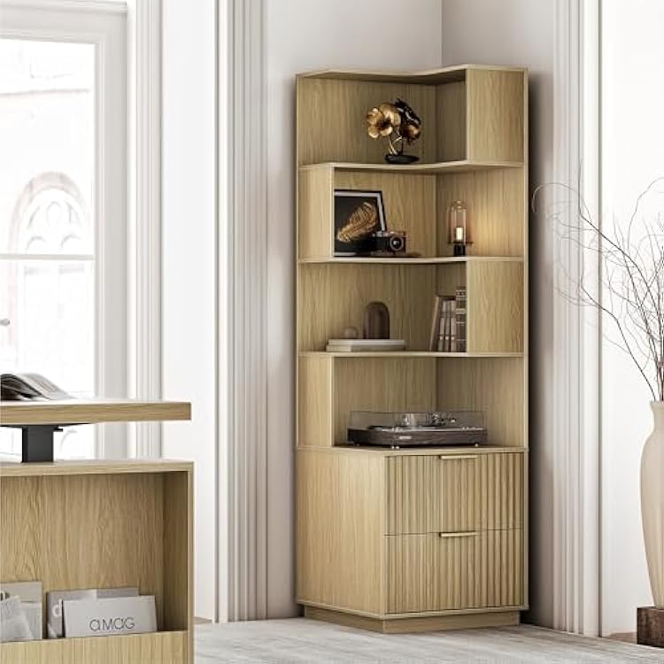 Corner Bookshelf with Drawers, 4 Tier Fluted Corner Bookcase with Storage, 71 Tall Bookcase with Storage Display Rack with Baffles for Home Office and Living Room, Light Walnut
