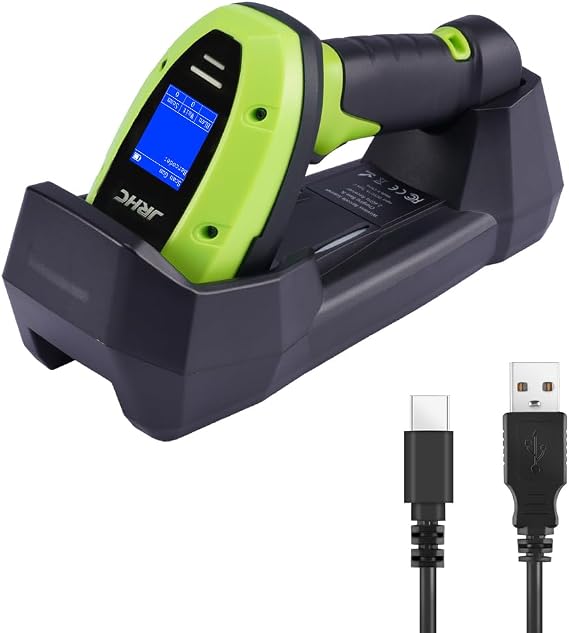 Barcode Scanner Wireless, 1D 2D Automatic Bar Code Scanner with 1.8 Inch Display Screen, Rechargeable Handhold Barcode Reader with 2.4G Wireless Dongle Built in Stand Plug and Play