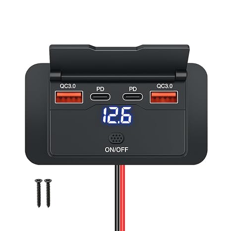 96W 12V USB Outlet Panel Wall Mount–Dual 36W PD & Dual QC3.0 18W Car USB Charger Socket, Waterproof Switch, Surface Mount for RV, Boat, Truck, ATV, Marine