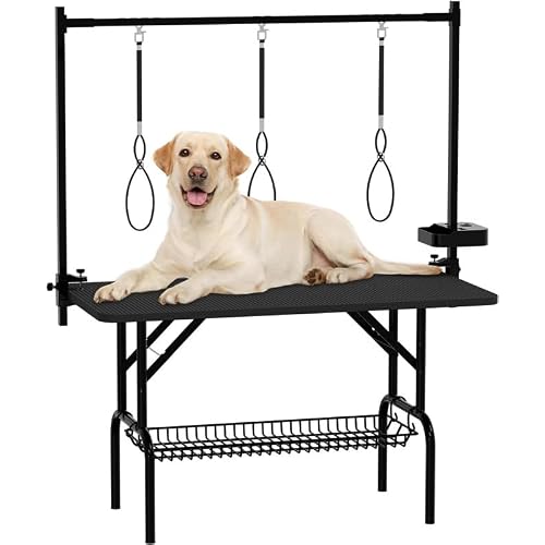 47Large Dog Grooming Table, Foldable Pet Station at Home, Dog Grooming Table,Adjustable Cat Drying Desktop with Arms, Nooses, Mesh Tray 47Inch Pet Grooming Table Black