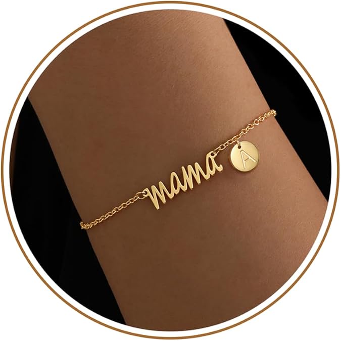Mama Bracelets for Women, Gold Initial Bracelet Mom Bracelets Birthday Gifts Ideas Letter Bracelets for Women Stepmom Bonus Mom to Be Mother in Law Wife Grandama