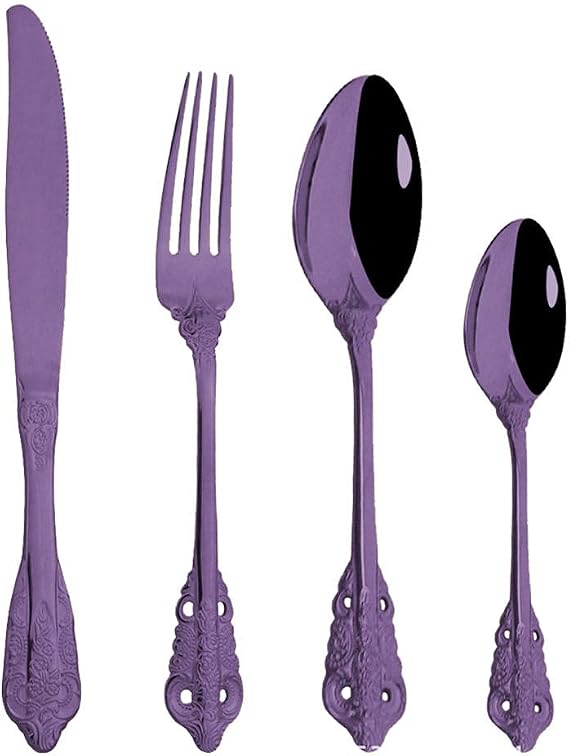Kitchen Utensils Set,Kitchen Starter Set,4Pcs Cutlery Set Stainless Steel Flatware Silverware Sets with Knife Spoon Fork Mirror Polish For Home/Travel/School-Purple