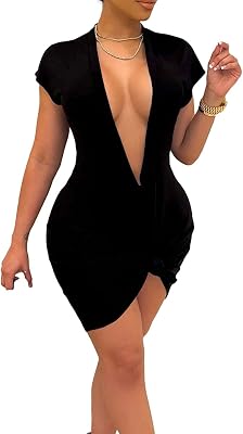 Womens Sexy Dresses Deep V-Neck Short Sleeve Solid Twist Knotted Midi Club Dress