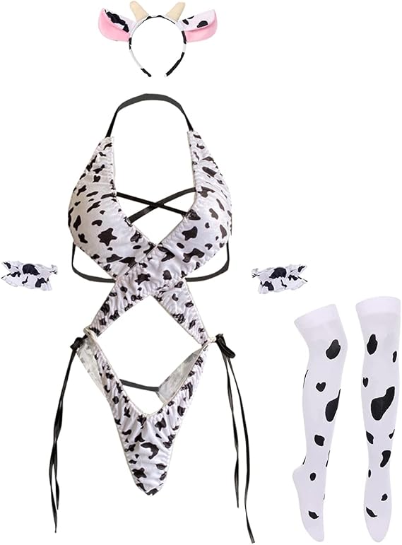 Cow Women Anime Milk Cosplay Costume Bikini Kawaii Bra and Panty Garter Belt Lingerie Set White Stocking (Type 1 White)