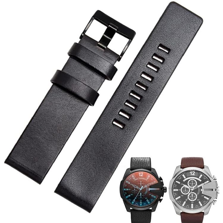 Cow Leather Strap for Diesel Watchband DZ7312 | DZ4323 | DZ7257 with Stainless Steel Pin Buckle Strap 24 26 27 28 30mm Flat Band Color : Black Black, Size : 28mm