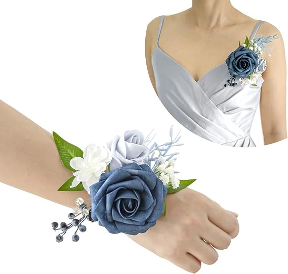Lookein Set of 2 Bridesmaid Corsage for Wedding Flowers Shoulder Corsages Bridesmaid Gift Corsage Wristlet for Prom for Wedding Ceremony, Dusty Blue
