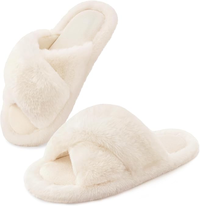 Snug Leaves Women's Fluffy Open Toe Slippers Cross Band Indoor Outdoor | Non-slip,sole,faux fur,soft,cute,memory foam,lightweight,cozy,comfy,machine washable,house,bedroom