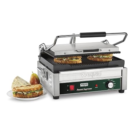 Waring Panini Press with 14.5" x 11" Cooking Surface & Ribbed Plates | Ribbed Cast Iron Plates, 14.5" x 11" Cooking Surface, 570F Adjustable Thermostat, 208V
