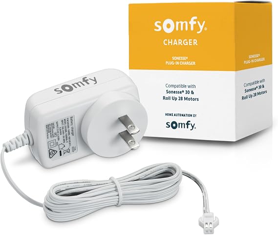 Somfy Charger for V1 Wirefree Motors Compatible with ST30 & R28 Internal Lithium-Ion Battery 2-Pin Connector 13.3V Output 8-Hour Charge Extended Cable #9020672