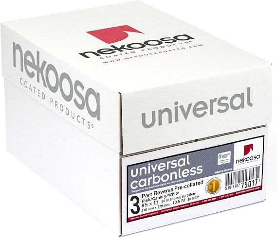 8.5 x 11 Nekoosa Universal Carbonless Paper, 3 part Reverse (Bright White/Canary/Pink), 1670 Sets, 5010 Sheets, 10 REAMS (Full CASE)