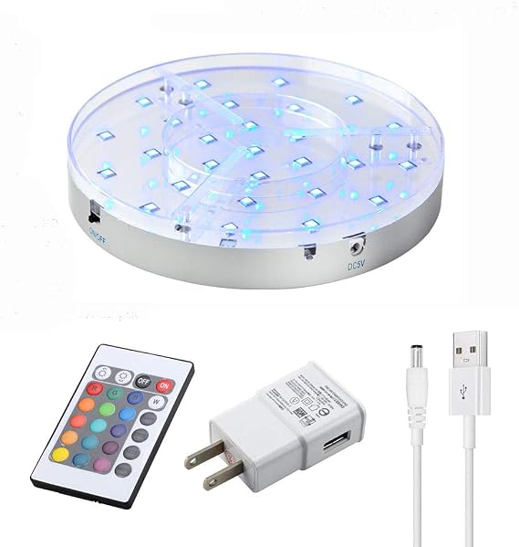 8inch Base Lights - Remote Multicolor RGB LED Stand Rechargeable Battery + AA Battery Operated 1.4inch Tall Round Silvery Plate for Wedding Party Events Home Floral Vases Glass Crystal Decor Lighting
