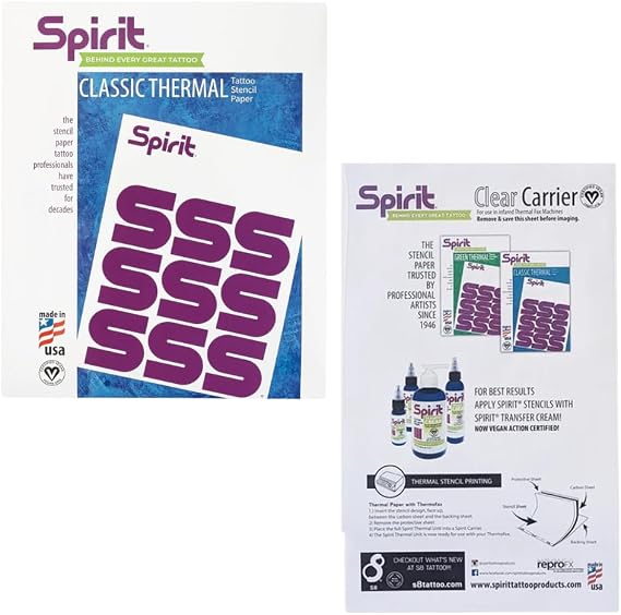 Spirit Classic Tattoo Precision Bundle: 100 Sheets Thermal Transfer Paper & 14-Inch Clear Carrier