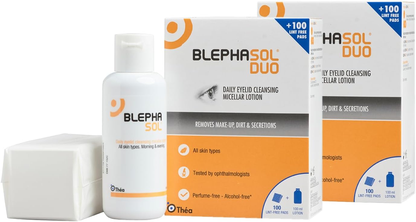Blephasol Duo Micellar Eyelid Cleansing Lotion | Gentle, Effective Removal of Dirt & Makeup from sensitive Eyelids and Lashes | Perfume & Alcohol-Free | 2 PACK | 2 x 100 ml Bottle |200 Lint-Free Pads