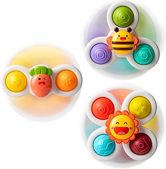 Suction Cup Spinner Toys for 1-2 Year Old Sensory Spinning Toy | 3 Pack, Bee Carrot Sun Shapes, BPA-Free Silicone + ABS, 9 Colors & Numbers, Rattle Bell Sound, for Bathtub High Chair Window