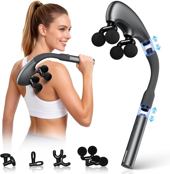 KingPavonini Multi-Head Detachable Massage Gun Deep Tissue with Extension Handle, Large Coverage Alternating Percussion Massager Gun for Pain Relief, Handheld Back Massage Gun, Gift for Men Women