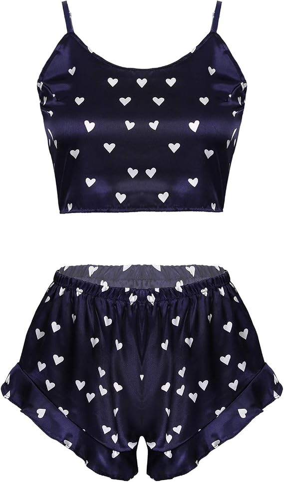 Womens Two-Piece Pajamas Set Heart Print Sleeveless Crop Top Ruched Boyshorts Sleepwear