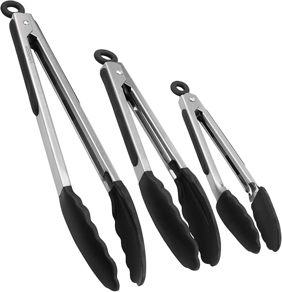 Kitchen Tongs,Set of 3-7, 9, 12 Inch,Stainless Steel Cooking Tongs With Silicone Tips For Barbecue,Cooking,Salad,Grilling,Frying(Black)