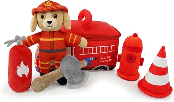 My Little Firefighter Puppy Plush Toy Set Sensory Toys for Babies 0-6-12 Kids Plush Fireman Montessori Sensory Role Play Toy for Infants and Toddlers Early Learning Boy Pretend Play Gift