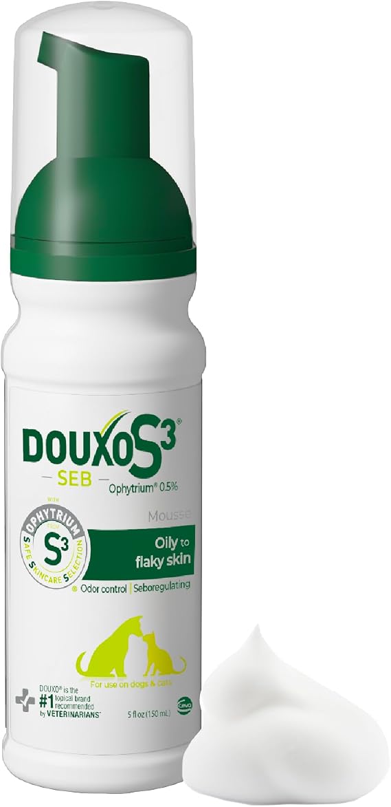 Douxo S3 SEB Dog Seboregulating Mousse, 0.5% Ophytrium, 5 fl oz | Seborrhea Treatment for Dogs & Cats, Helps Control Dandruff, Unpleasant Odors & Oily/Flaky Skin, 0.5% Ophytrium, 5 fl oz