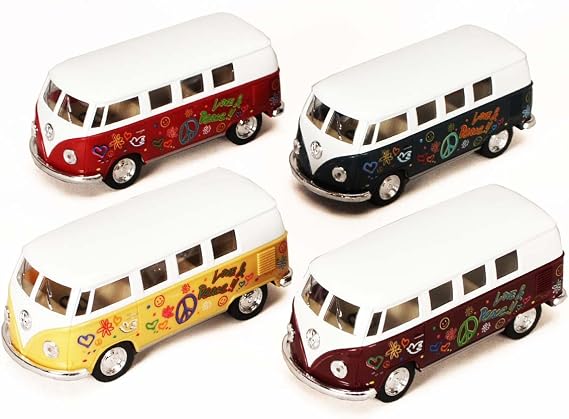 KiNSMART 1962 Volkswagen Classic Bus 1:32 Scale 5" Die Cast Metal Model Toy Van Pullback Acation (4 Set Flower Power)