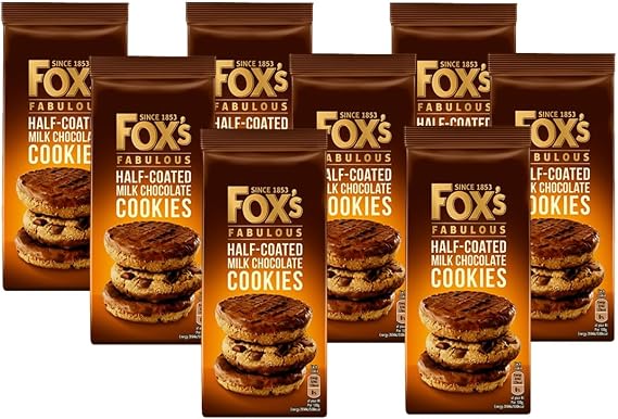 Fox's Fabulous Half Coated Milk Chocolate Cookies 175g | Chocolate Biscuits | Chocolate Chunky Cookies | Chocolate Coated Bread | Available for Hampers and Gifts on all Occassions (Pack of 8)