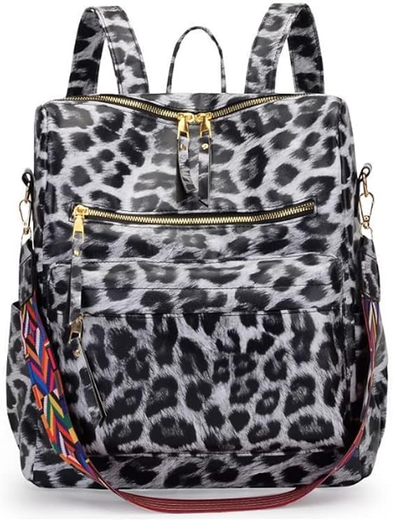 Women Backpack Multipurpose Travel Daypack Leopard Print Shoulder Bag Satchel-Black
