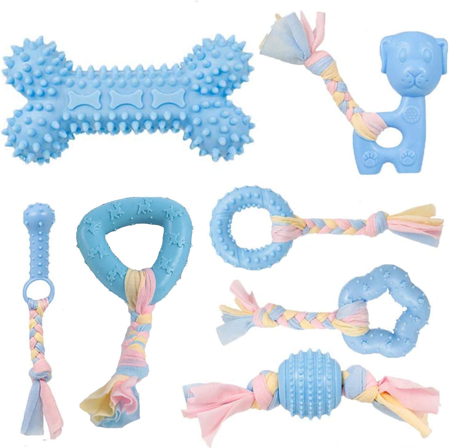 CAMITER Dog Chew Toys, 7pcs Dog Puppies Teething Chewing Toy Set with Ball and colorful Ropes, Interactive Pet Toys for Small and Medium Dogs blue