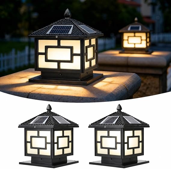 2 Pack Solar Post Lights Outdoor, IP65 Waterproof Black Outside Column Lamps 9.8" Cast Aluminum Pillar Lights with Glass Dusk to Dawn LED Post Cap Lights for Patio Garage Yard Garden Driveway