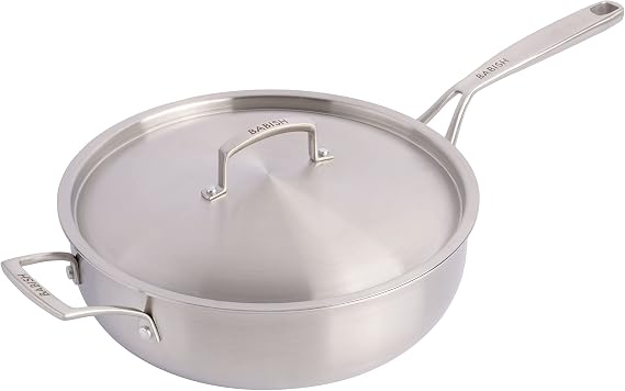 Babish 5-Quart Tri-Ply Stainless Steel Saute Pan with Lid Professional Grade Saute Pan for Frying, Searing & One-Pan Meals
