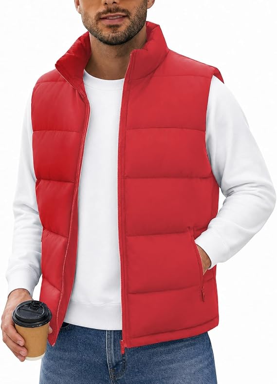 Polu Men's Puffer Vest Sleeveless Warm Outerwear Jacket with 3 Pockets Red S
