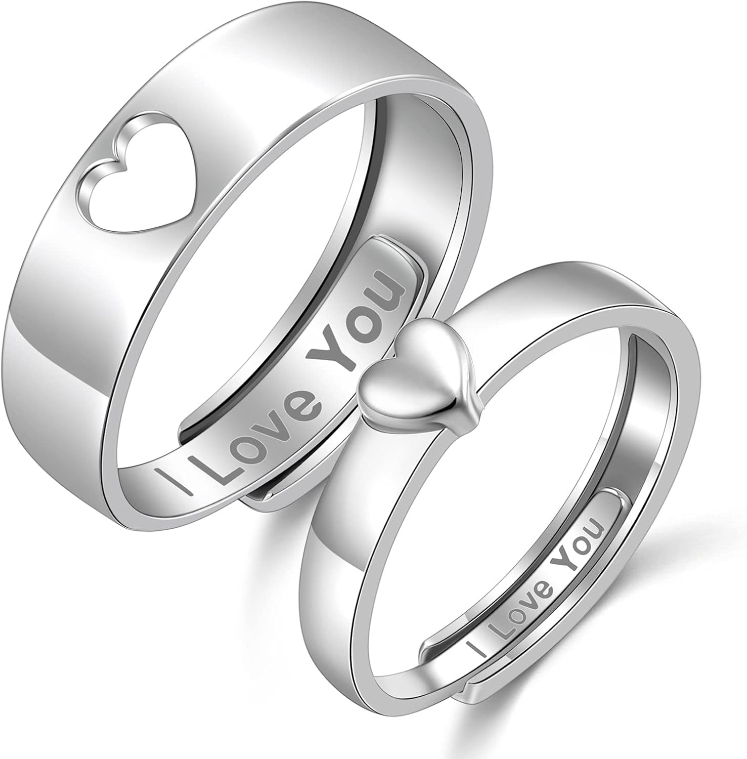Couple Rings 925 Sterling Silver Matching Rings for Couples I Love You Engagement Wedding Ring Band Adjustable -White