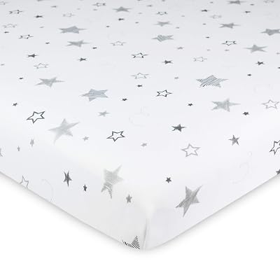 American Baby Company 100% Natural Cotton Fitted Pack and Play Sheet 39 x 27 - Soft & Breathable Pack N Play Sheet for Playpen, Playard & Mini Crib Mattress, Super Stars, for Boys & Girls