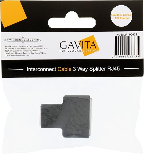 Gavita E-Series LED Adapter Interconnect Cable 3 Way Splitter RJ45 - For Use with Gavita 900e and 1700e LED Fixtures, 1-In 2-Out Design, Useful for Multi-Level Racking Gray