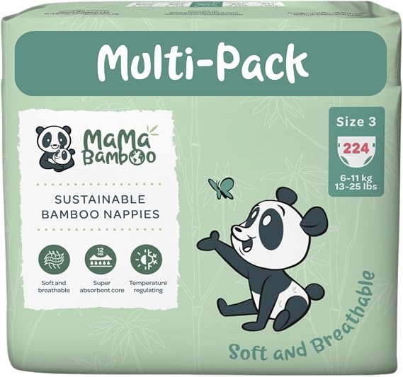 Mama Bamboo - Sustainable Bamboo Nappies - Soft Breathable Bamboo Viscose - Super Absorbent Core - with Leak Free Elasticated Panels - Size 3 (6-11kg) x 112 Nappies