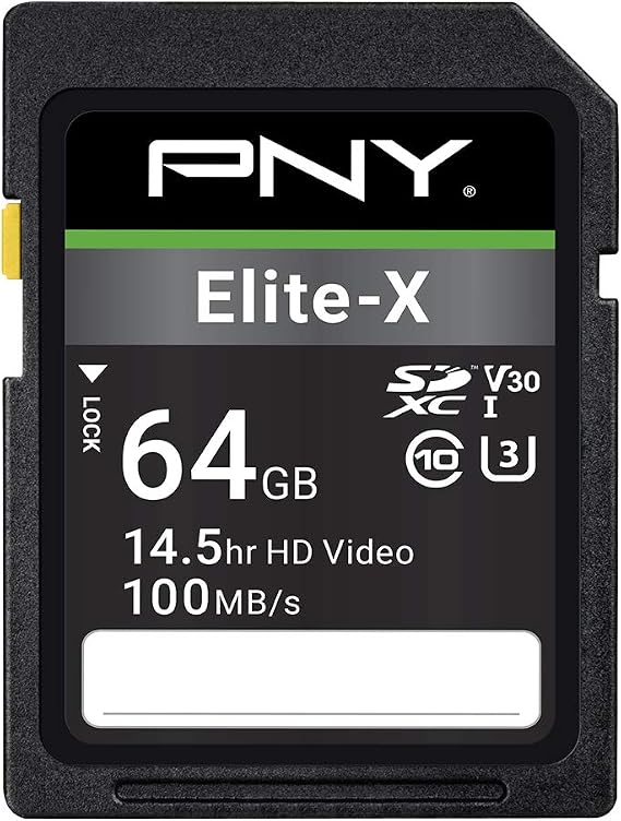 PNY 64GB Elite-X C10 U3 V30 SDXC Flash Memory Card, UHS-I, 4K UHD