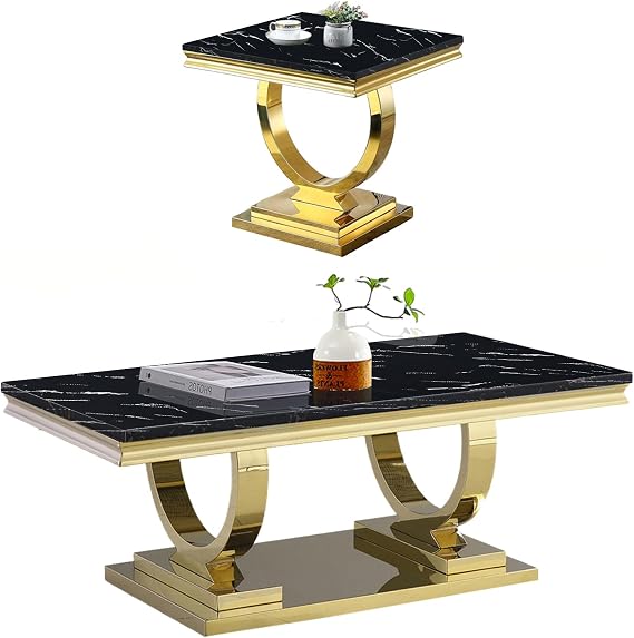 Henf Black Marble Coffee Table Set of 2 Piece Gold Living Room Table Set of 2 Including Coffee and End Table Set, Gorgeous Stainless Steel Frame, Faux Marble Top for Living Room Home Office Apartment