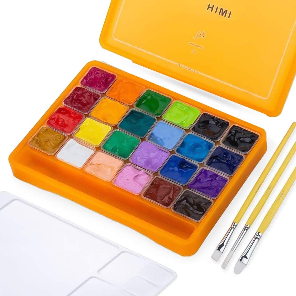 HIMI Jelly Gouache Paint Set, 24 Colors x 30ml1oz Jelly Cup Design with 3 Paint Brushes and Palette in a Carrying Case for Artists, Kids, Students and Beginners, Opaque Watercolor Painting Yellow