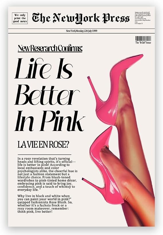 Trendy Pink Posters News Newspaper Wall Art Canvas Prints 70s Life Is Better in Pink Hot Girly Preppy Aesthetic Poster for Cool Girl Bedroom Apartment Room Home Dorm Wall Decor 8x12inch Unframed
