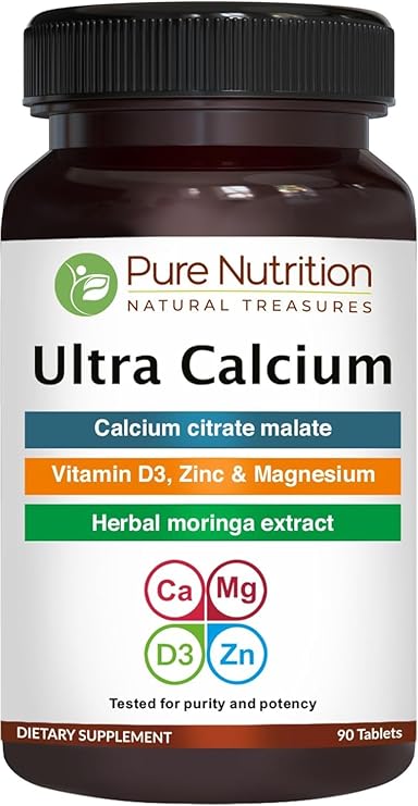 Pure Nutrition Ultra Calcium 1000mg with VIT D3 + K | 90 Tab | Highly absorbable Calcium Supplement with Calcium Citrate Malate, VIT D3, K (90 Count (Pack of 1))