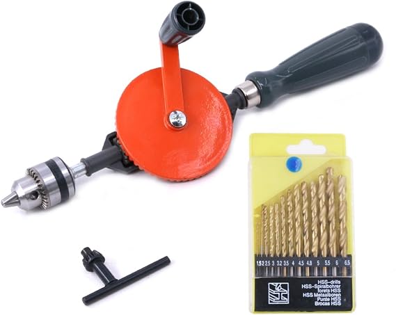 Swpeet Powerful Speedy Hand Drill 1/4-Inch Capacity with 13Pcs Drill Bit Set, Mini Hand Drill Manual 14 inch with Finely Cast Steel Double Pinions Design, Chucks and Grip Handle for Woods, Plastics