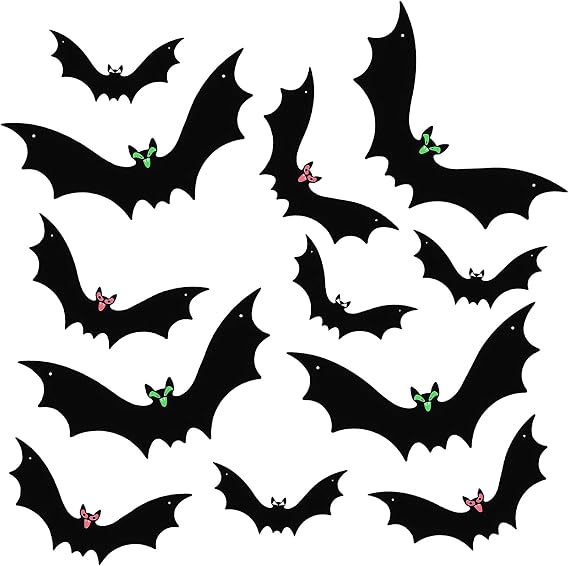 Pack of 12 Halloween Hanging Bats, Scary Black Bat with Luminous Eyes for Halloween Decoration, Outdoor Bat
